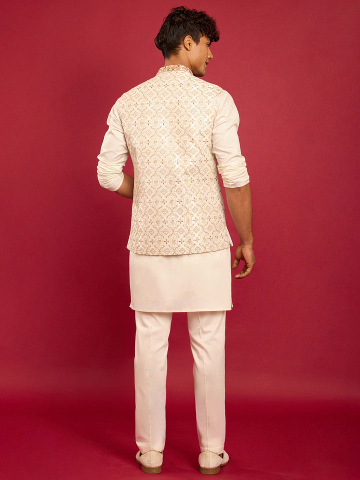 Men's White Zardozi Embroidered Silk Nehru Jacket with Cream Kurta & Pant Set - view 5