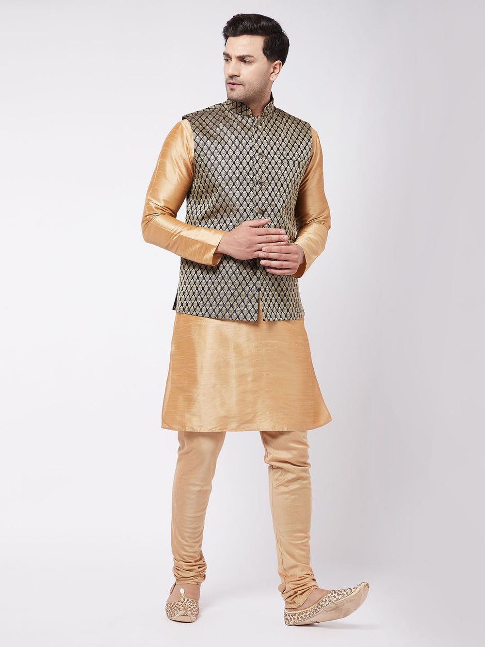 Sarvati Men's Rose Gold Silk Blend Kurta And Pyjama With Black Woven Nehru Jacket