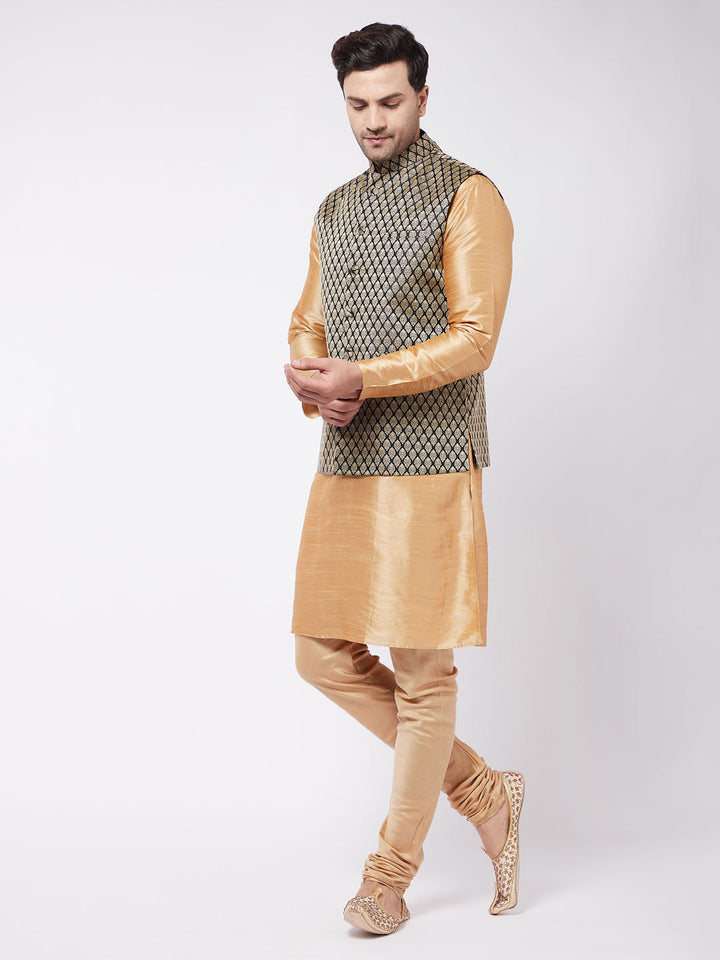 Sarvati Men's Rose Gold Silk Blend Kurta And Pyjama With Black Woven Nehru Jacket