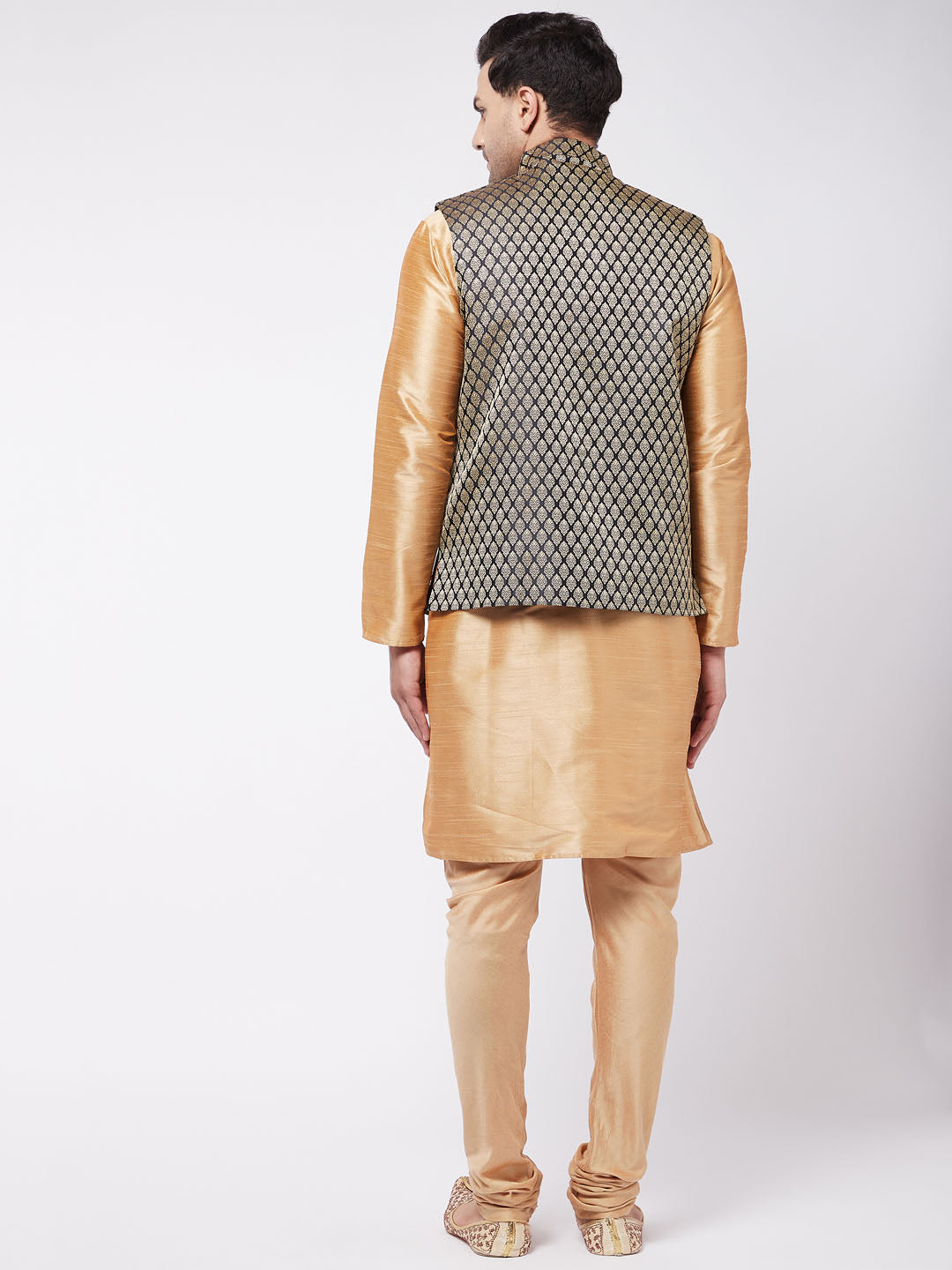 Sarvati Men's Rose Gold Silk Blend Kurta And Pyjama With Black Woven Nehru Jacket