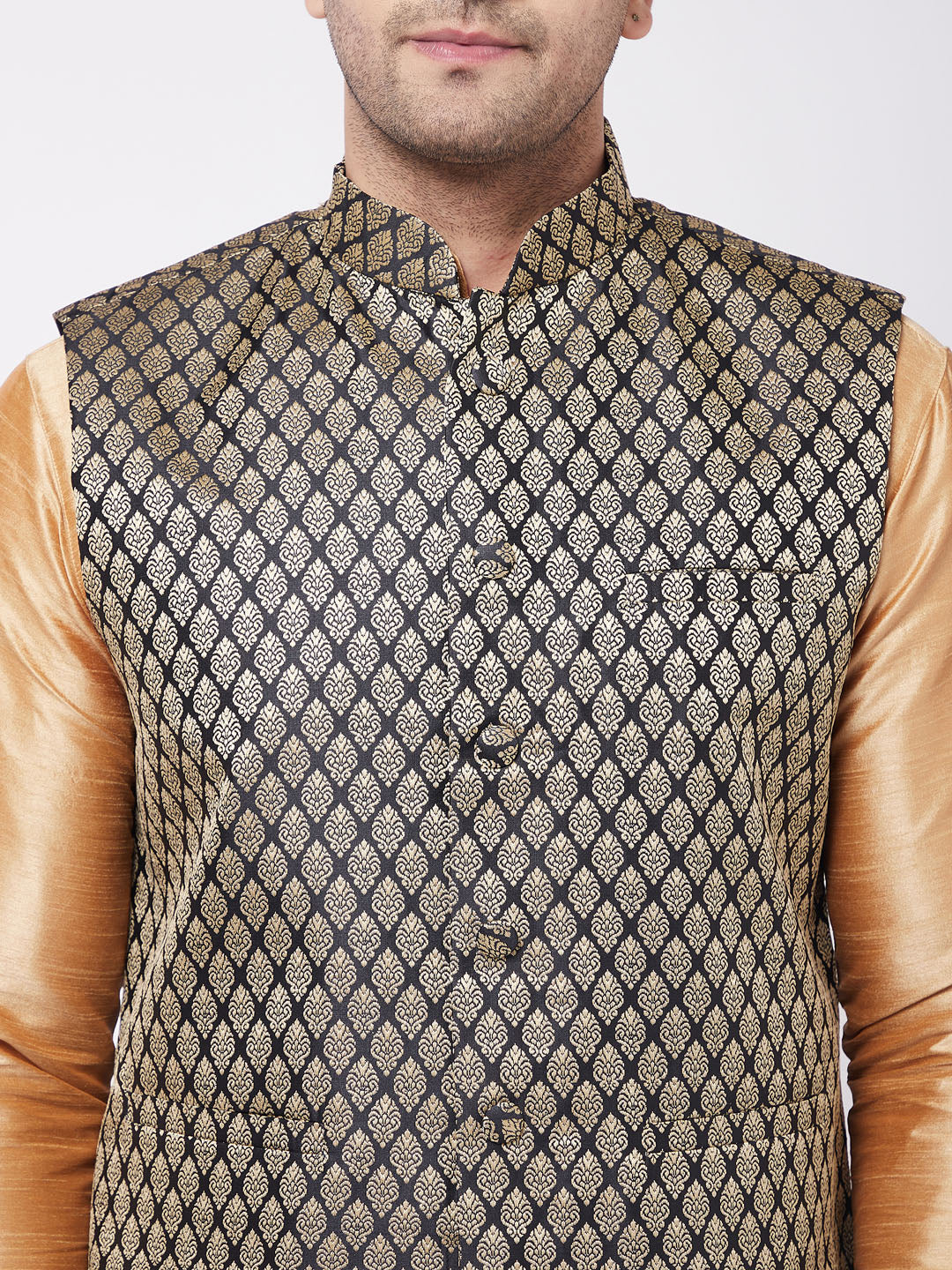 Sarvati Men's Rose Gold Silk Blend Kurta And Pyjama With Black Woven Nehru Jacket