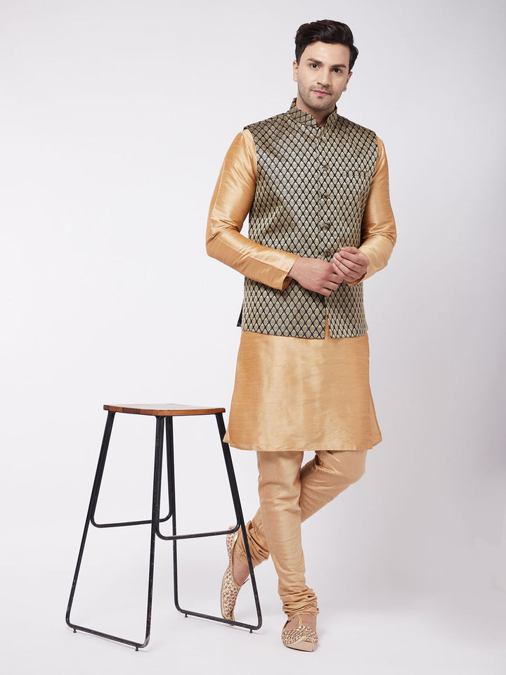 Sarvati Men's Rose Gold Silk Blend Kurta And Pyjama With Black Woven Nehru Jacket