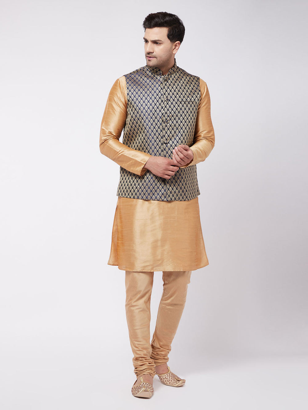 Sarvati Men's Rose Gold Silk Blend Kurta And Pyjama With Blue Woven Nehru Jacket