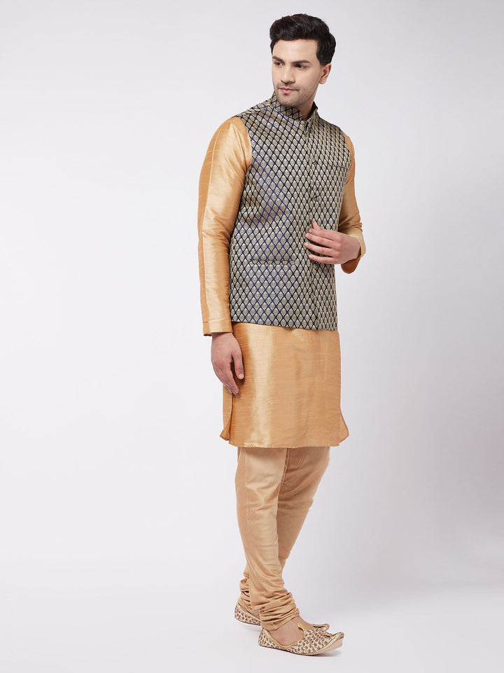 Sarvati Men's Rose Gold Silk Blend Kurta And Pyjama With Blue Woven Nehru Jacket