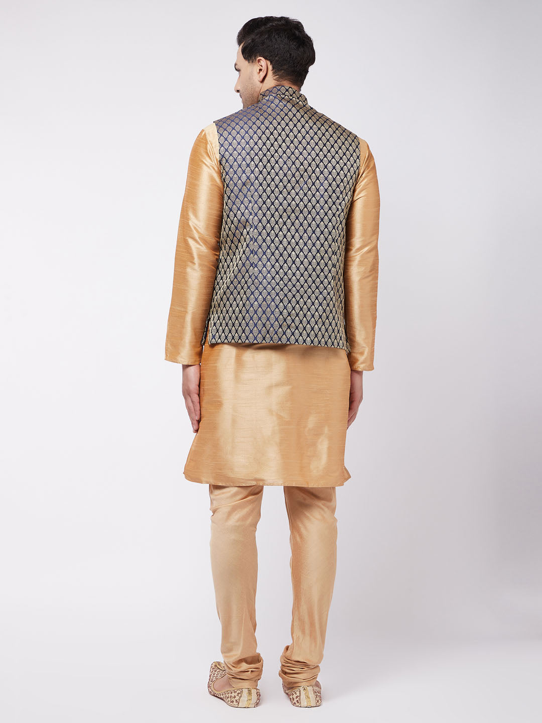 Sarvati Men's Rose Gold Silk Blend Kurta And Pyjama With Blue Woven Nehru Jacket