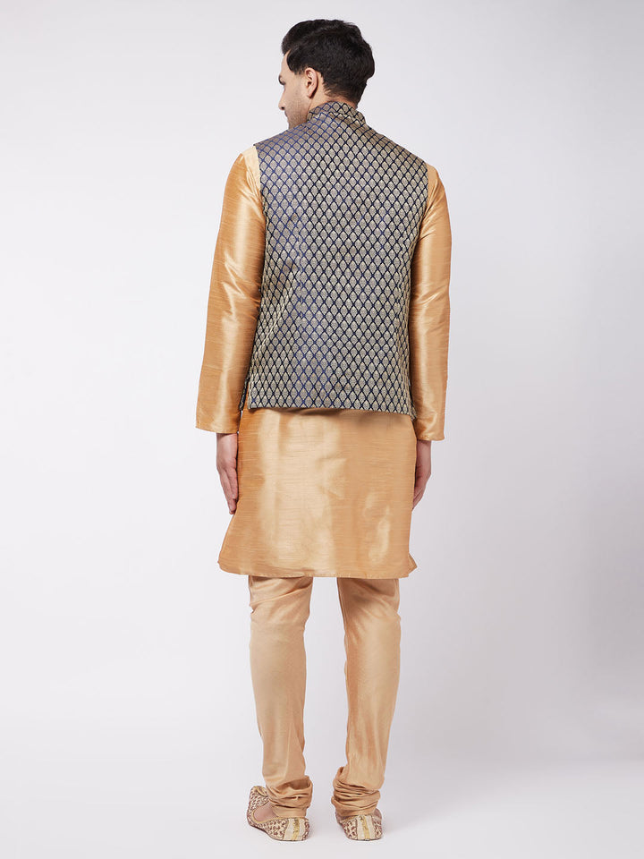 Sarvati Men's Rose Gold Silk Blend Kurta And Pyjama With Blue Woven Nehru Jacket