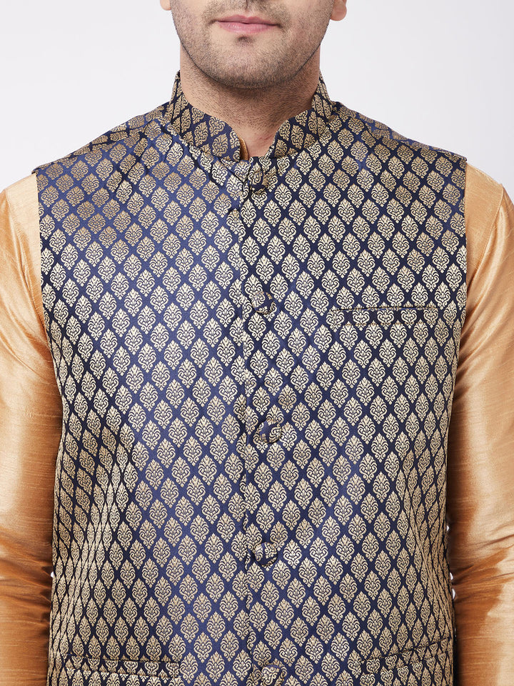 Sarvati Men's Rose Gold Silk Blend Kurta And Pyjama With Blue Woven Nehru Jacket