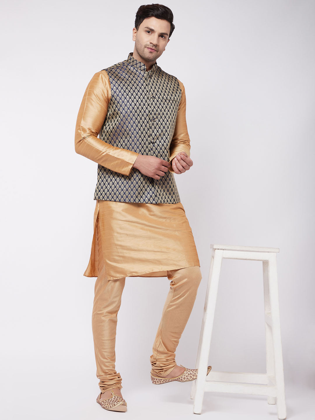 Sarvati Men's Rose Gold Silk Blend Kurta And Pyjama With Blue Woven Nehru Jacket