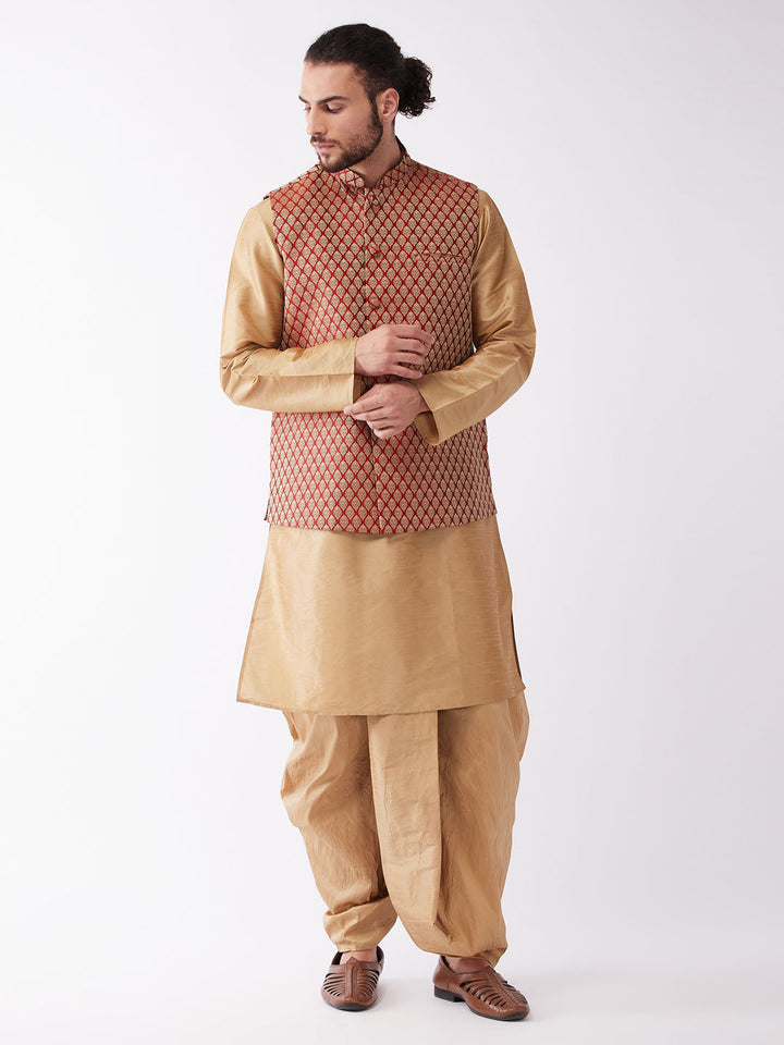 Sarvati Men's Rose Gold Solid Silk Blend Kurta and Dhoti With Maroon Nehru Jacket