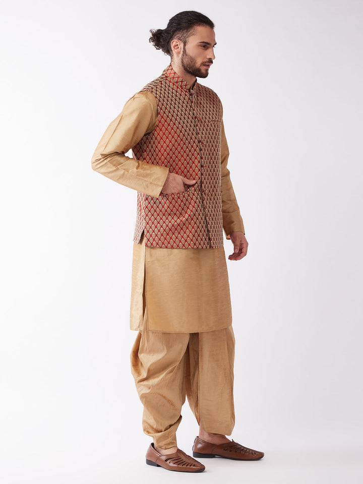 Sarvati Men's Rose Gold Solid Silk Blend Kurta and Dhoti With Maroon Nehru Jacket