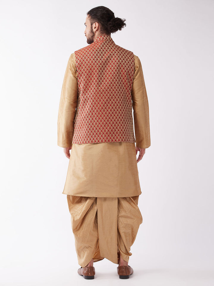 Sarvati Men's Rose Gold Solid Silk Blend Kurta and Dhoti With Maroon Nehru Jacket