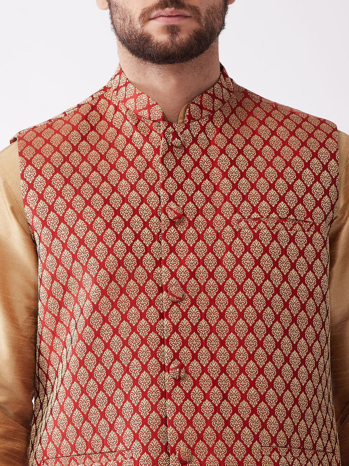 Sarvati Men's Rose Gold Solid Silk Blend Kurta and Dhoti With Maroon Nehru Jacket