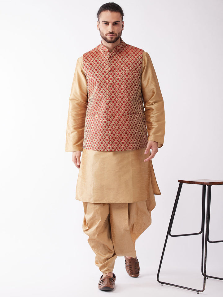 Sarvati Men's Rose Gold Solid Silk Blend Kurta and Dhoti With Maroon Nehru Jacket