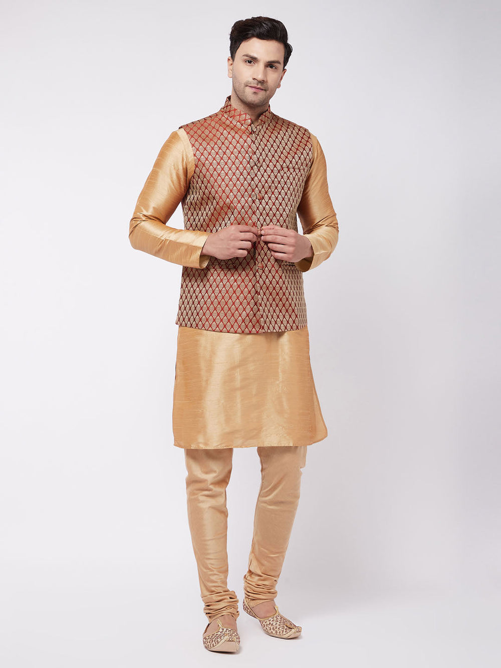 Sarvati Men's Rose Gold Silk Blend Kurta And Pyjama With Maroon Woven Nehru Jacket