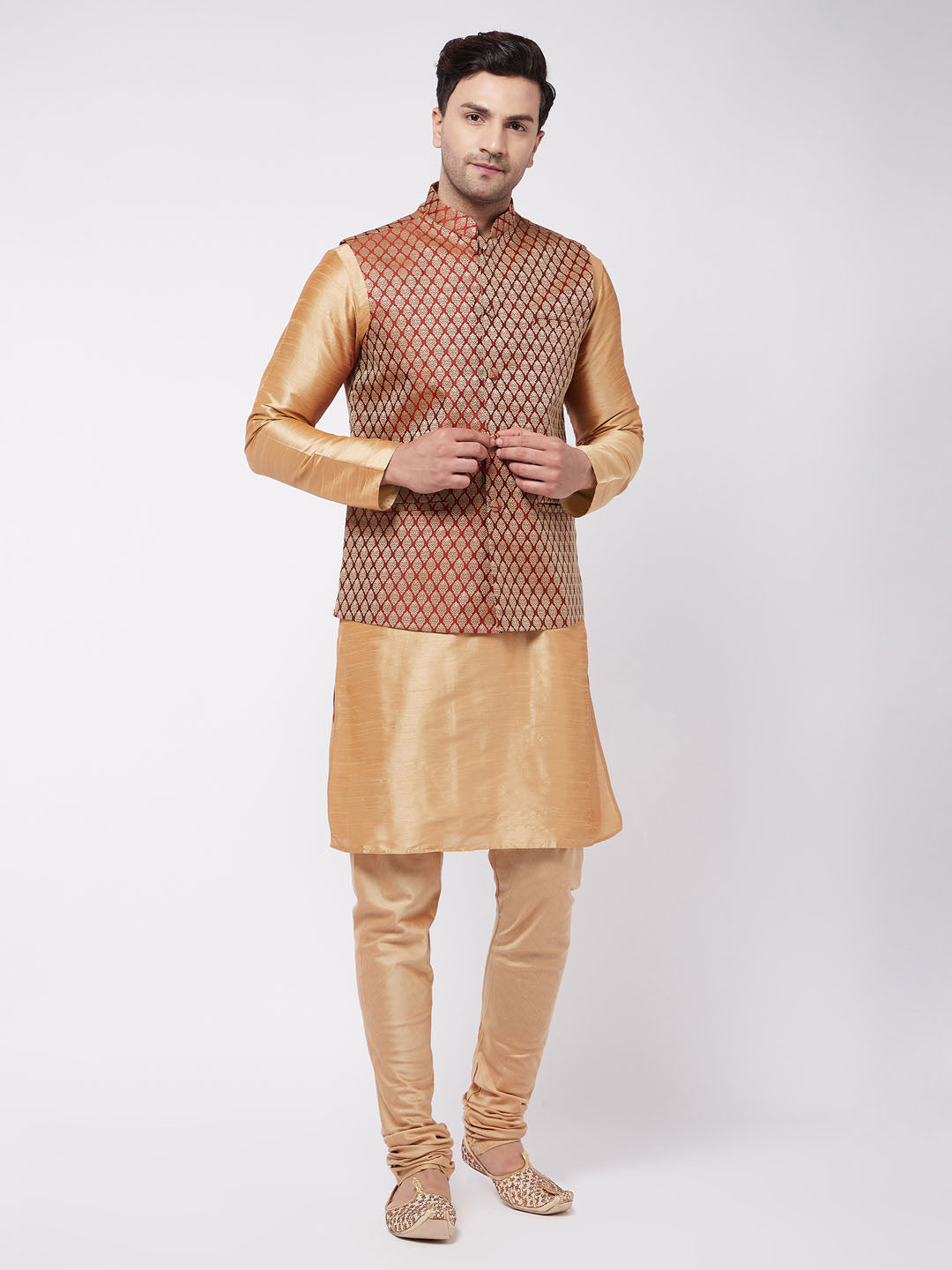 Sarvati Men's Rose Gold Silk Blend Kurta And Pyjama With Maroon Woven Nehru Jacket