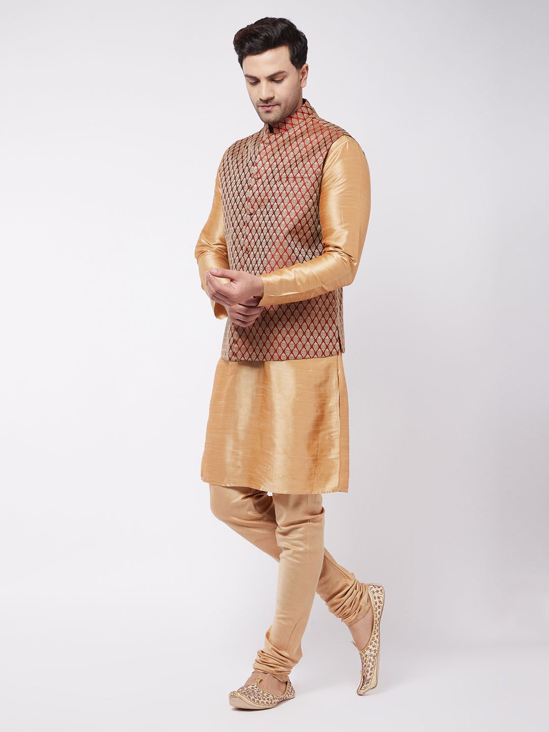 Sarvati Men's Rose Gold Silk Blend Kurta And Pyjama With Maroon Woven Nehru Jacket