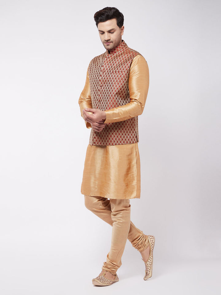 Sarvati Men's Rose Gold Silk Blend Kurta And Pyjama With Maroon Woven Nehru Jacket