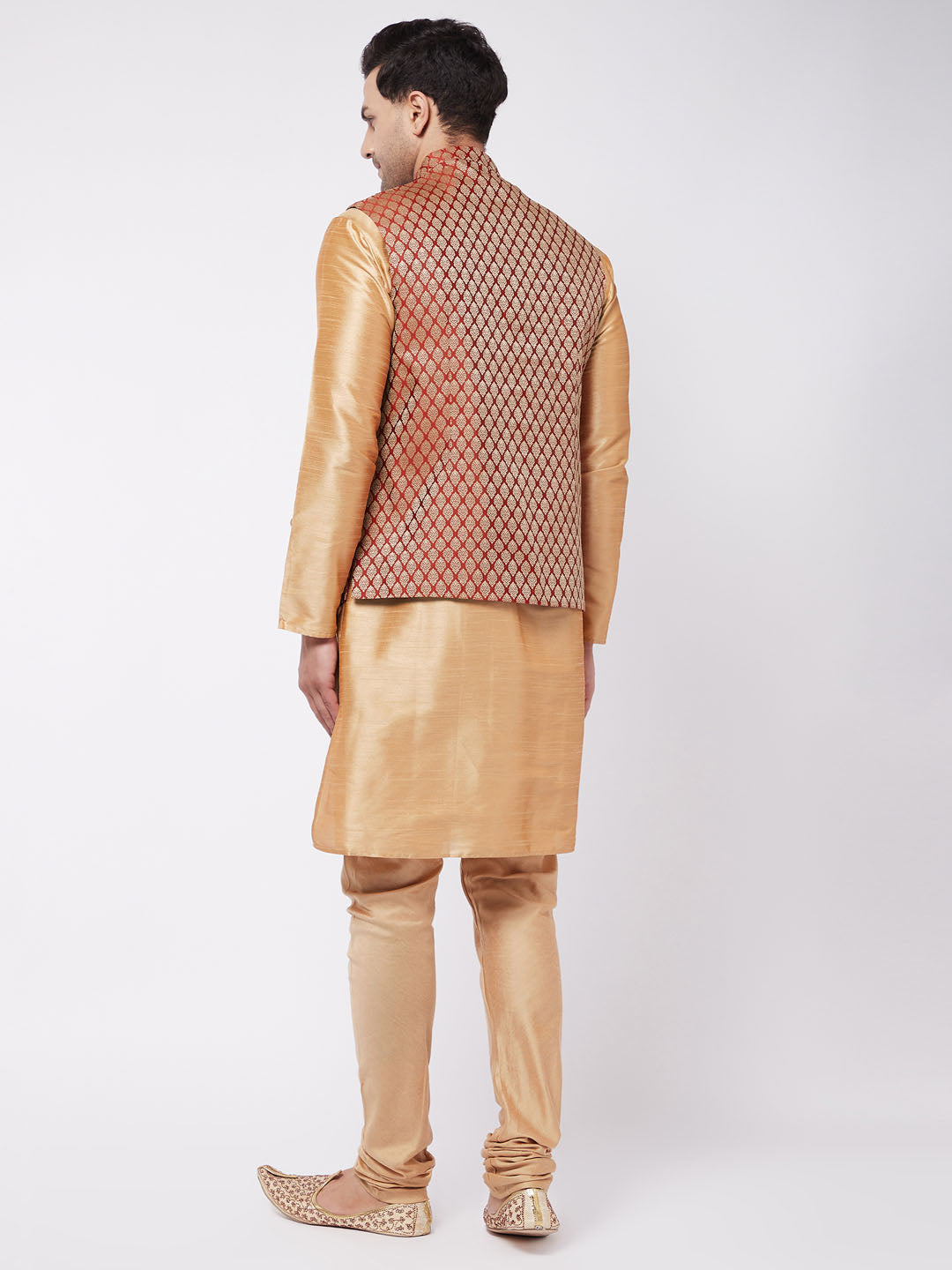 Sarvati Men's Rose Gold Silk Blend Kurta And Pyjama With Maroon Woven Nehru Jacket