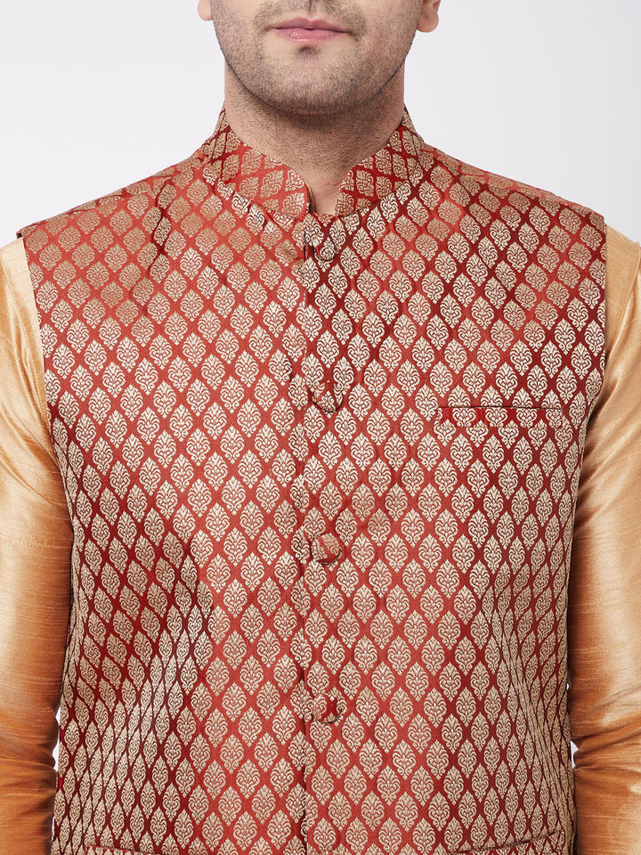 Sarvati Men's Rose Gold Silk Blend Kurta And Pyjama With Maroon Woven Nehru Jacket