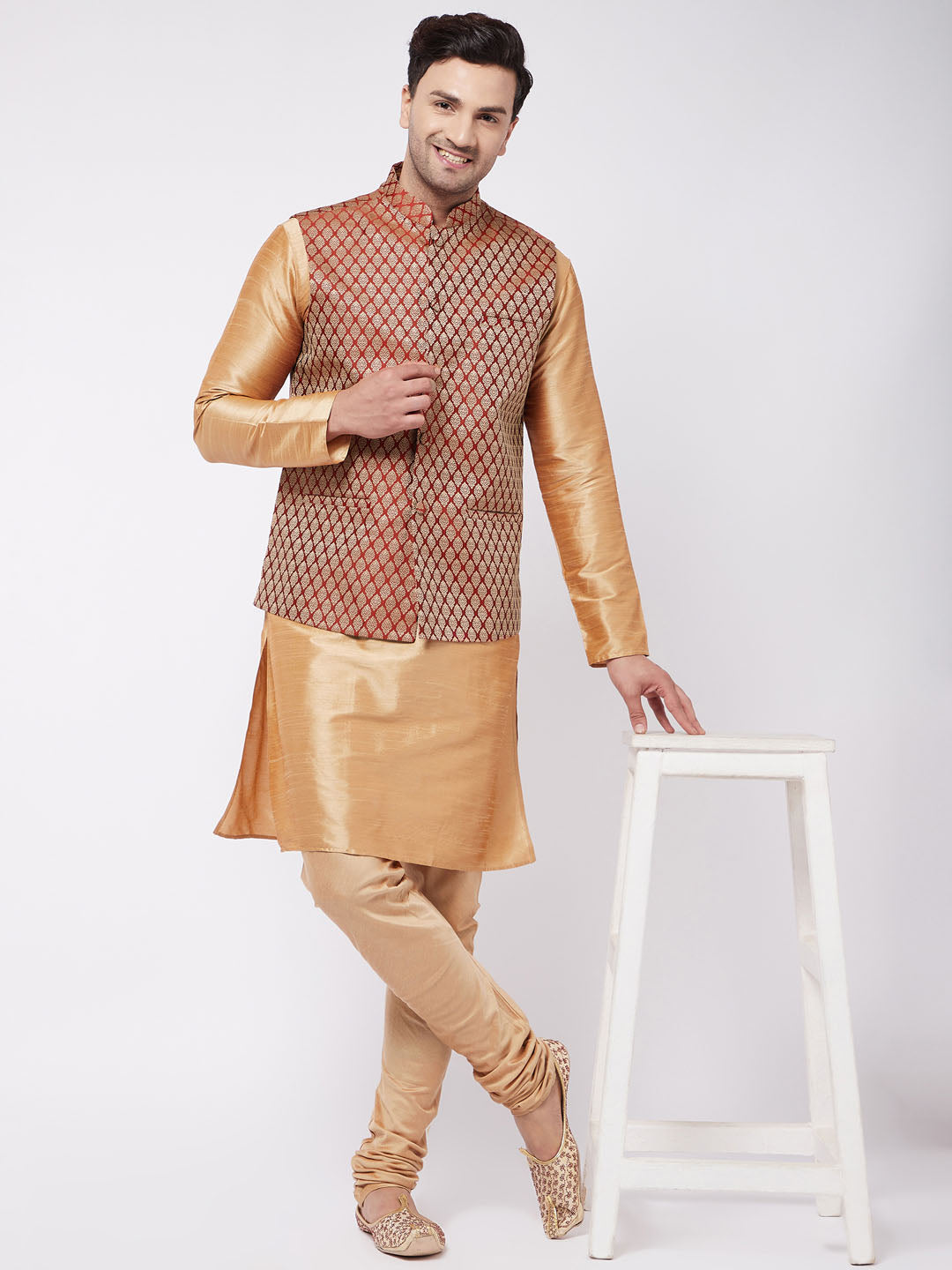 Sarvati Men's Rose Gold Silk Blend Kurta And Pyjama With Maroon Woven Nehru Jacket