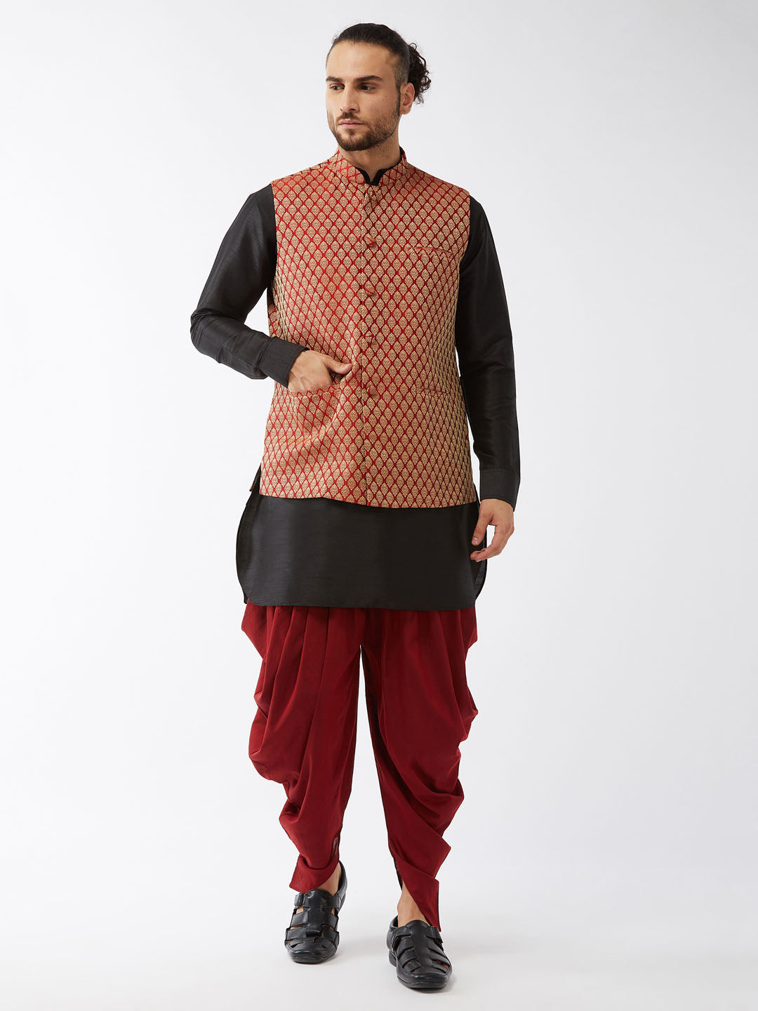 Sarvati Men's Maroon Banarasi Jacket With Black Silk Kurta and Dhoti Set