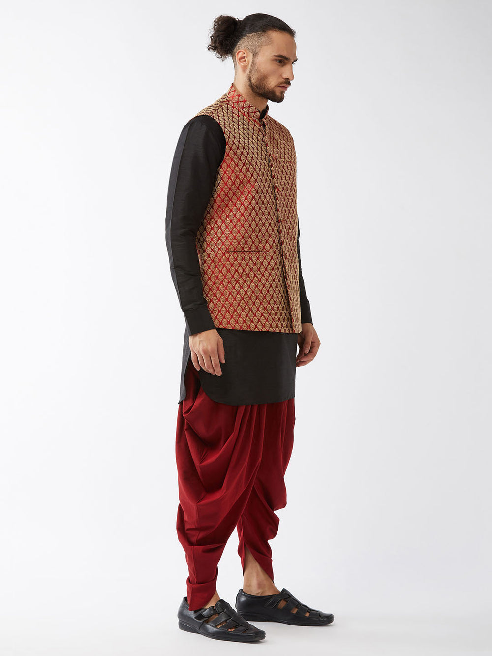 Sarvati Men's Maroon Banarasi Jacket With Black Silk Kurta and Dhoti Set