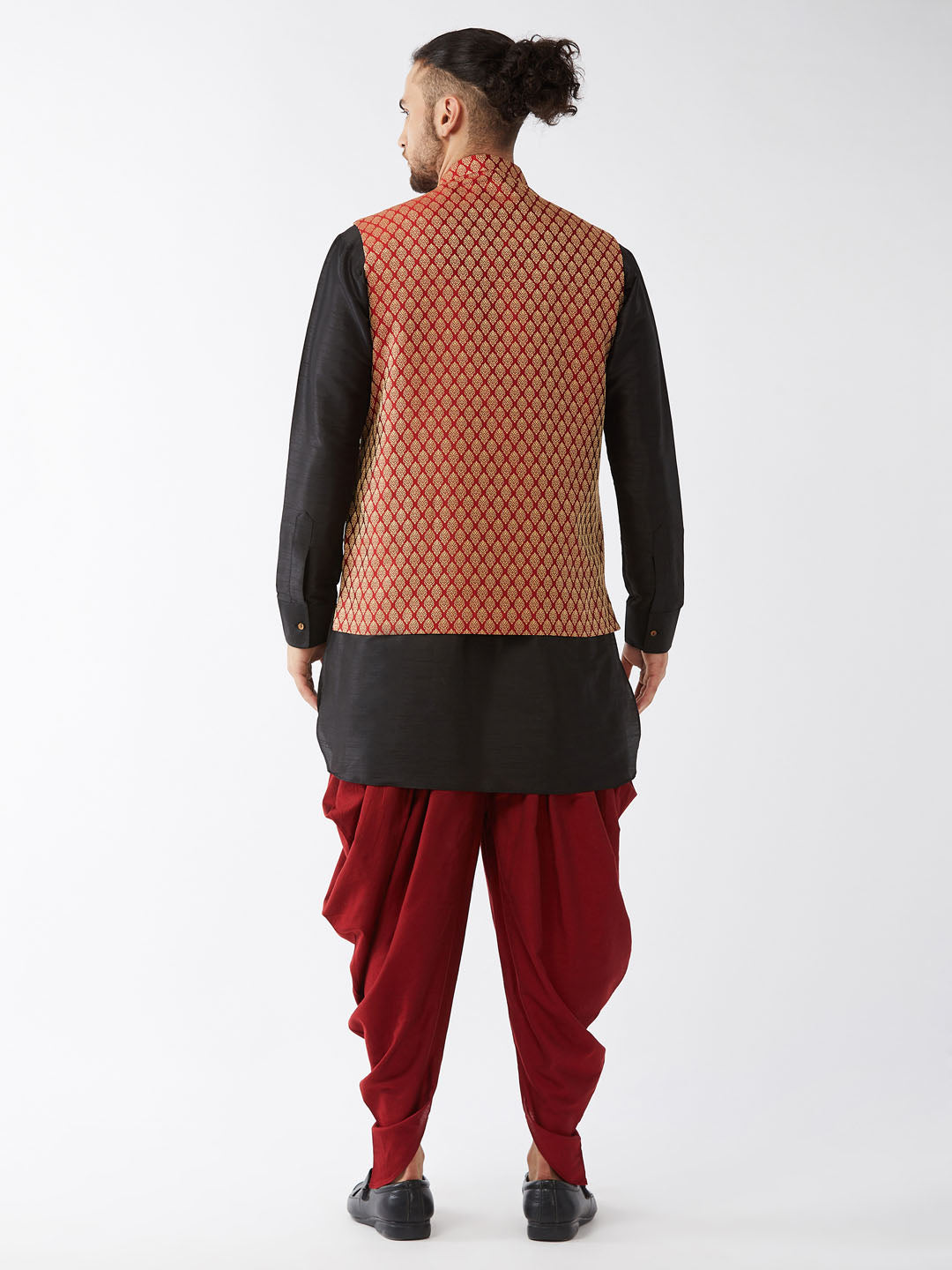 Sarvati Men's Maroon Banarasi Jacket With Black Silk Kurta and Dhoti Set
