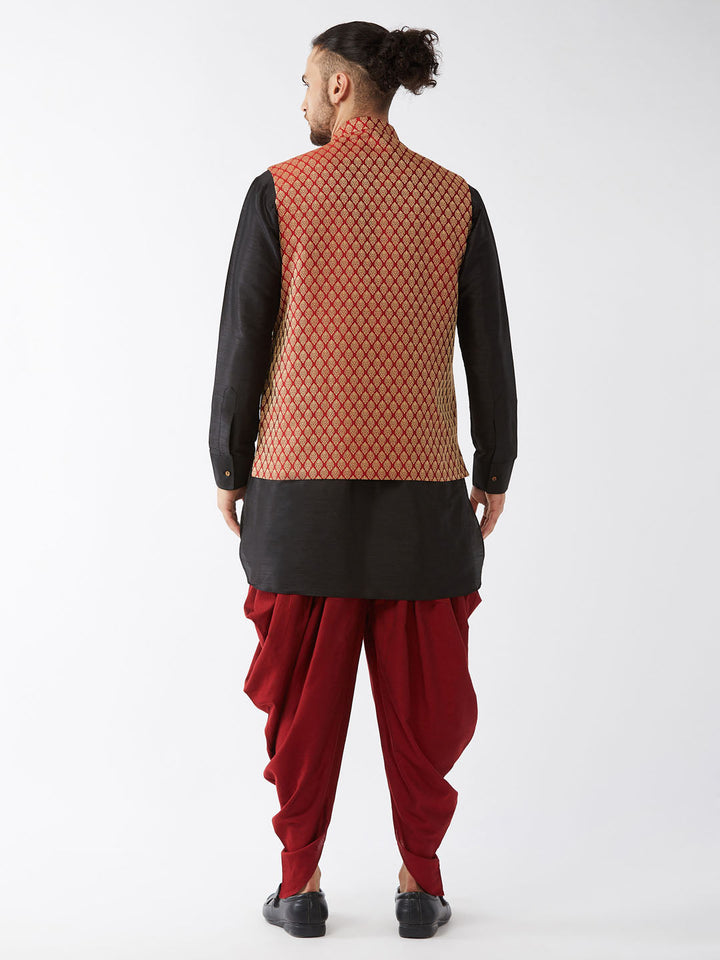 Sarvati Men's Maroon Banarasi Jacket With Black Silk Kurta and Dhoti Set