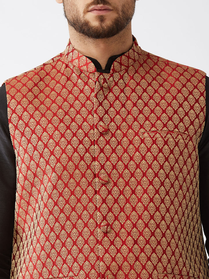 Sarvati Men's Maroon Banarasi Jacket With Black Silk Kurta and Dhoti Set