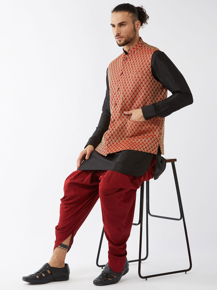 Sarvati Men's Maroon Banarasi Jacket With Black Silk Kurta and Dhoti Set