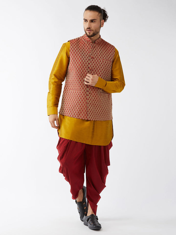 Sarvati Men's Maroon Banarasi Jacket With Mustard Silk Kurta and Dhoti Set