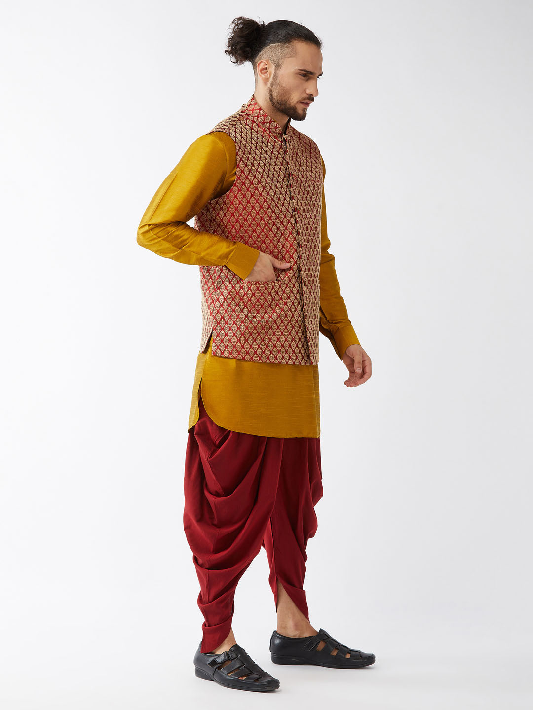 Sarvati Men's Maroon Banarasi Jacket With Mustard Silk Kurta and Dhoti Set