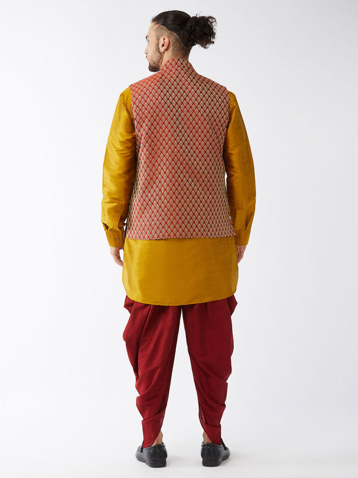 Sarvati Men's Maroon Banarasi Jacket With Mustard Silk Kurta and Dhoti Set