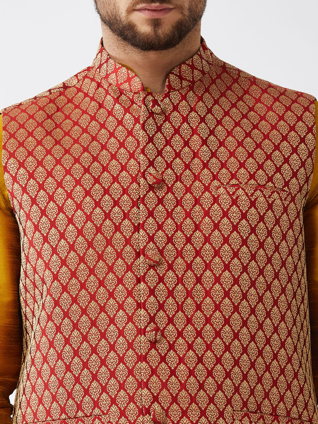 Sarvati Men's Maroon Banarasi Jacket With Mustard Silk Kurta and Dhoti Set