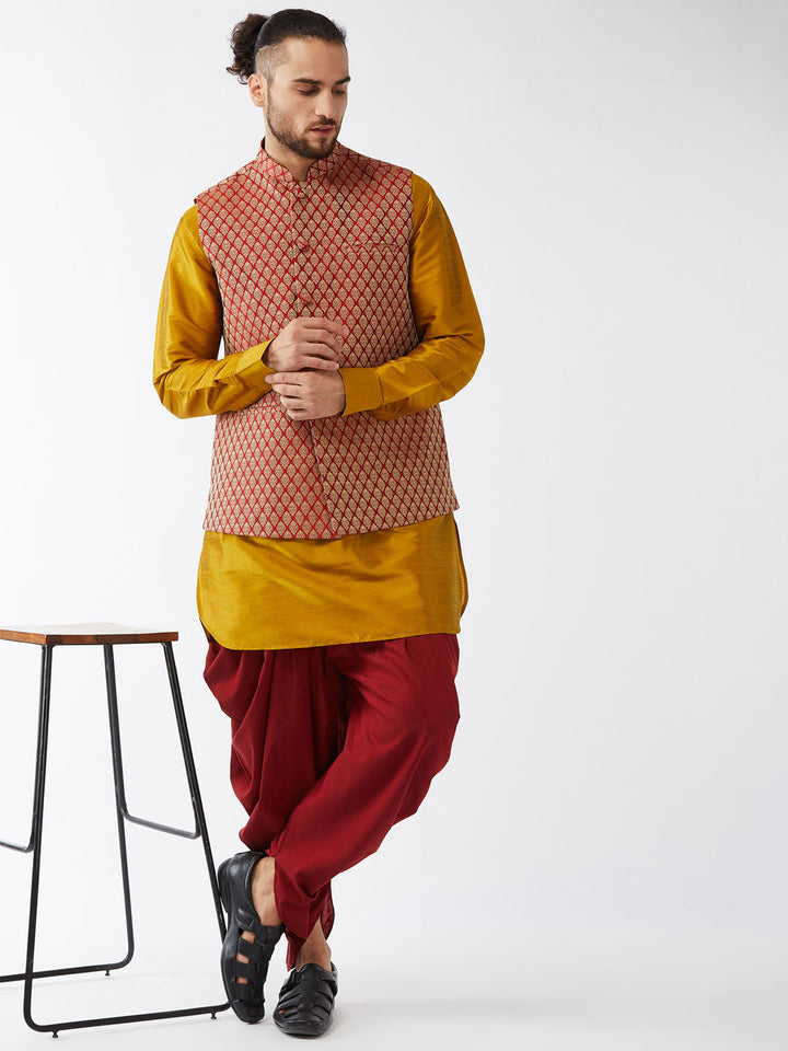 Sarvati Men's Maroon Banarasi Jacket With Mustard Silk Kurta and Dhoti Set