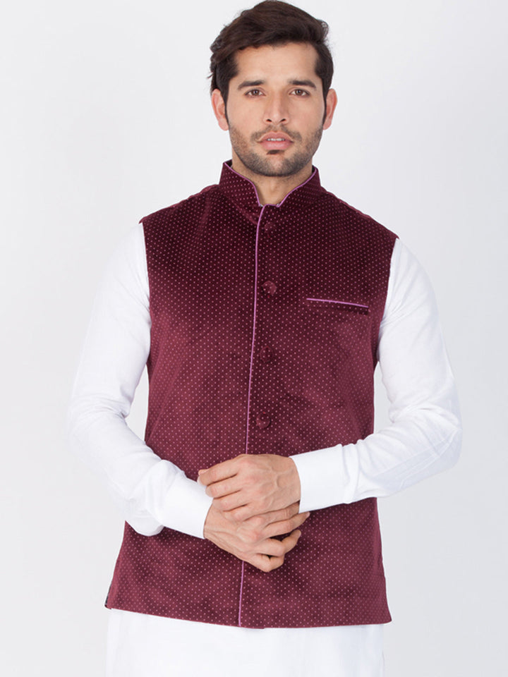 Men's Maroon Velvet Ethnic Jacket