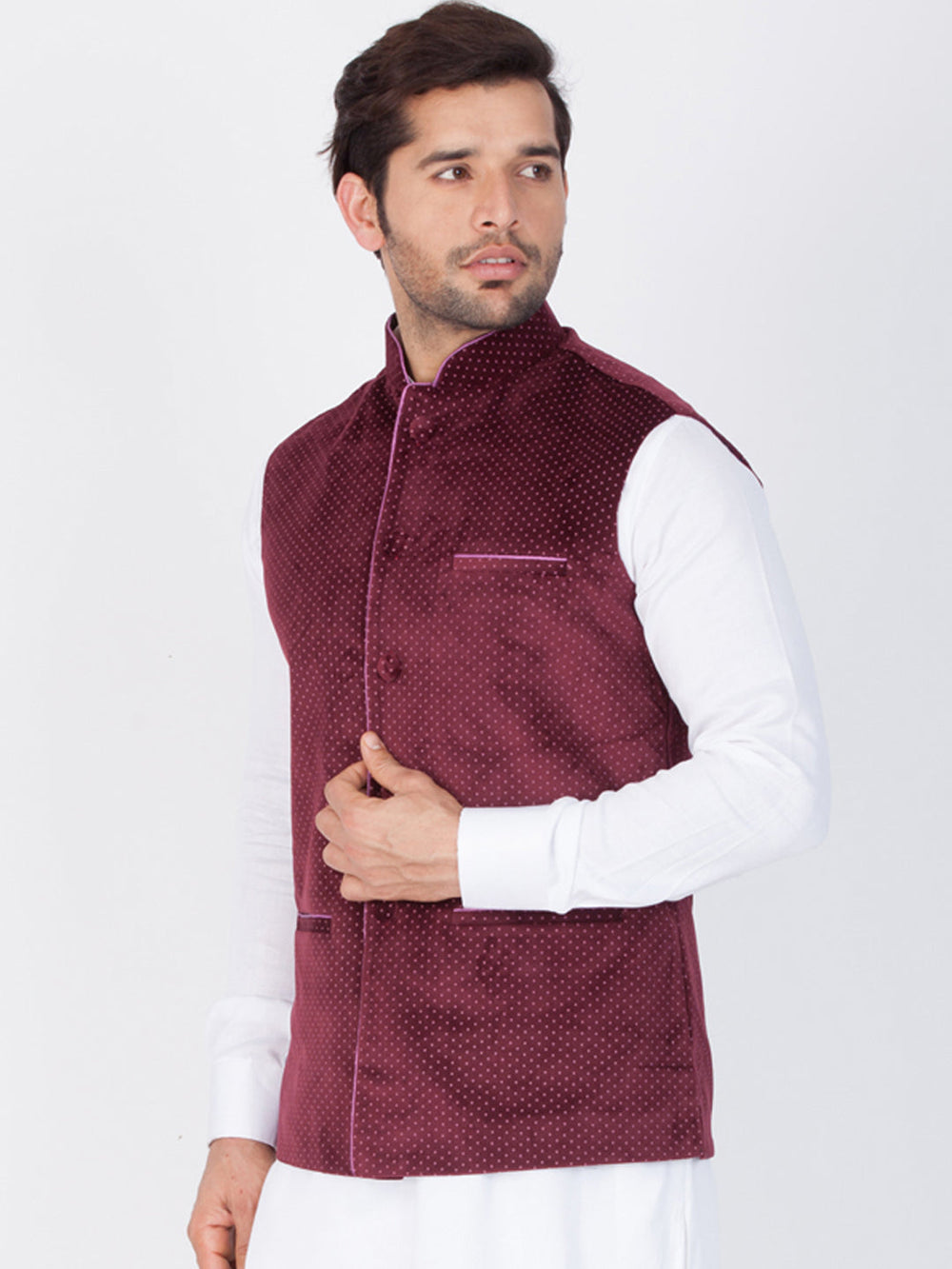 Men's Maroon Velvet Ethnic Jacket - view 2