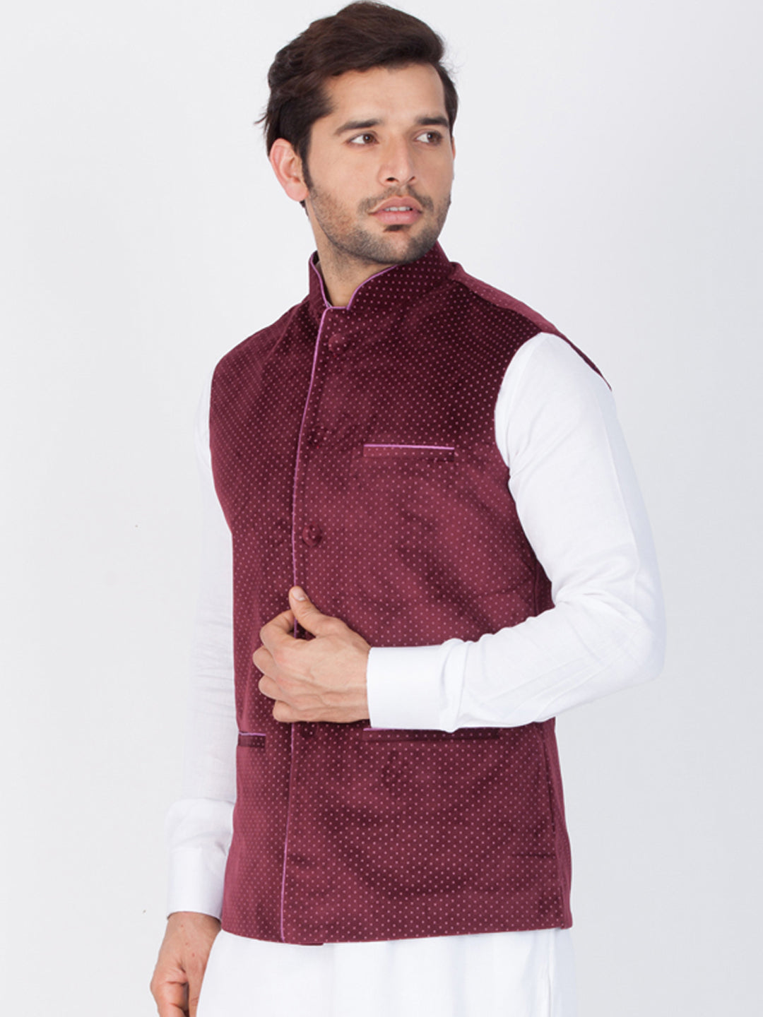 Men's Maroon Velvet Ethnic Jacket - view 2