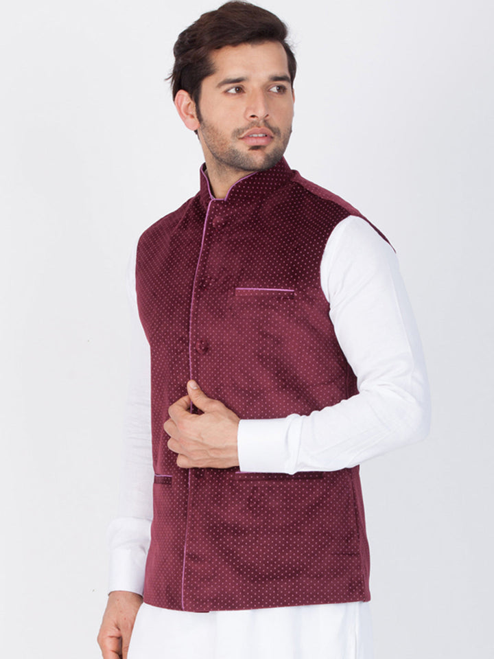 Men's Maroon Velvet Ethnic Jacket - view 2