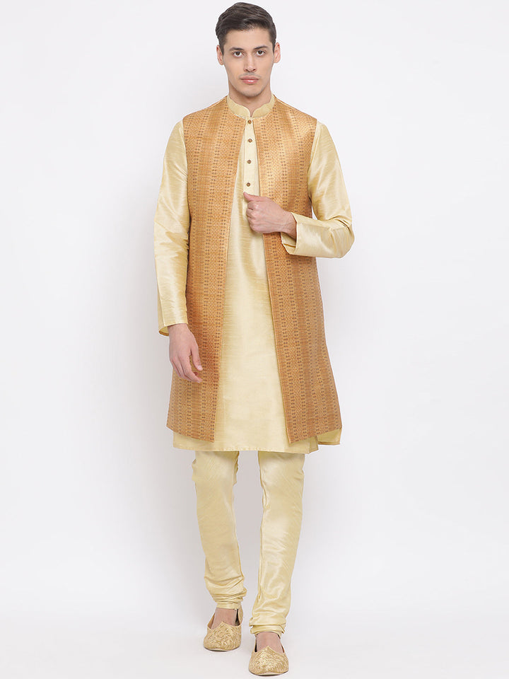 Sarvati Men's Golden Silk Blend Jacket, Kurta and Pyjama Set