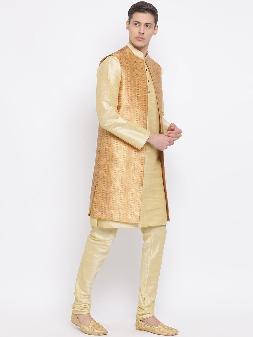 Sarvati Men's Golden Silk Blend Jacket, Kurta and Pyjama Set