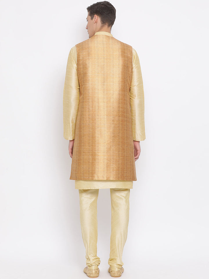 Sarvati Men's Golden Silk Blend Jacket, Kurta and Pyjama Set