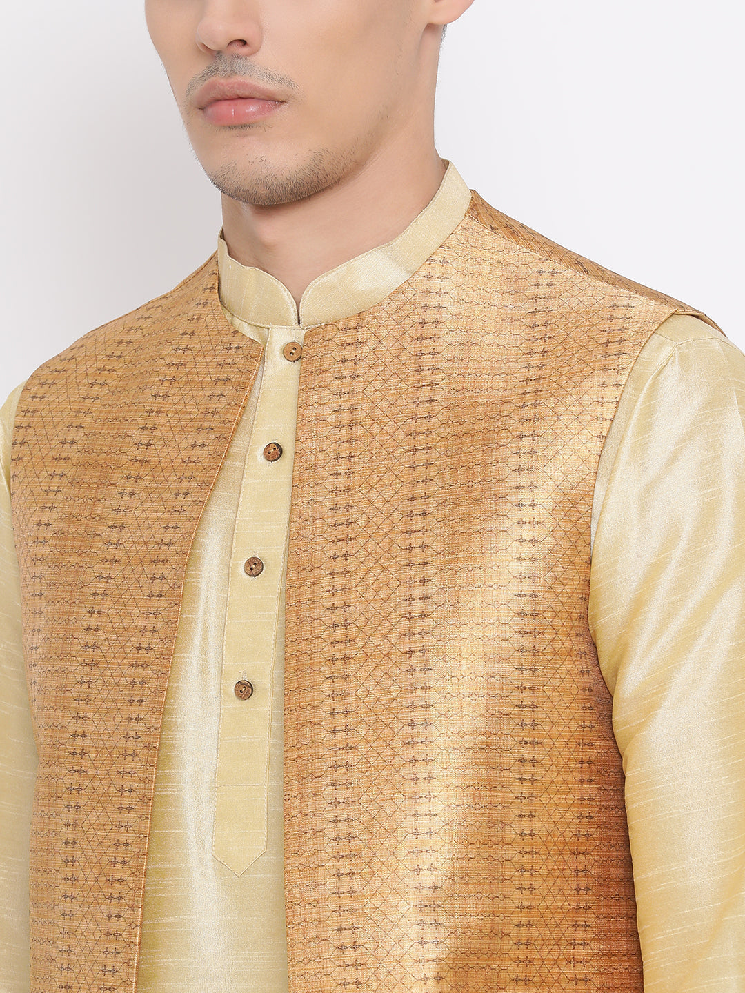 Sarvati Men's Golden Silk Blend Jacket, Kurta and Pyjama Set