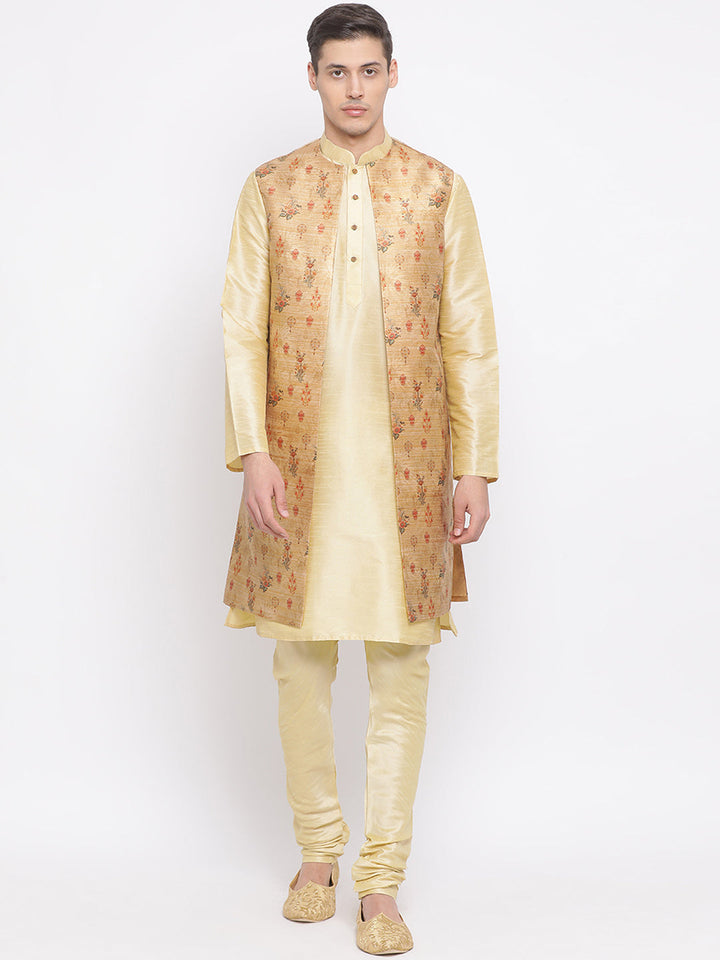 Sarvati Men's Golden Silk Blend Jacket, Kurta and Pyjama Set