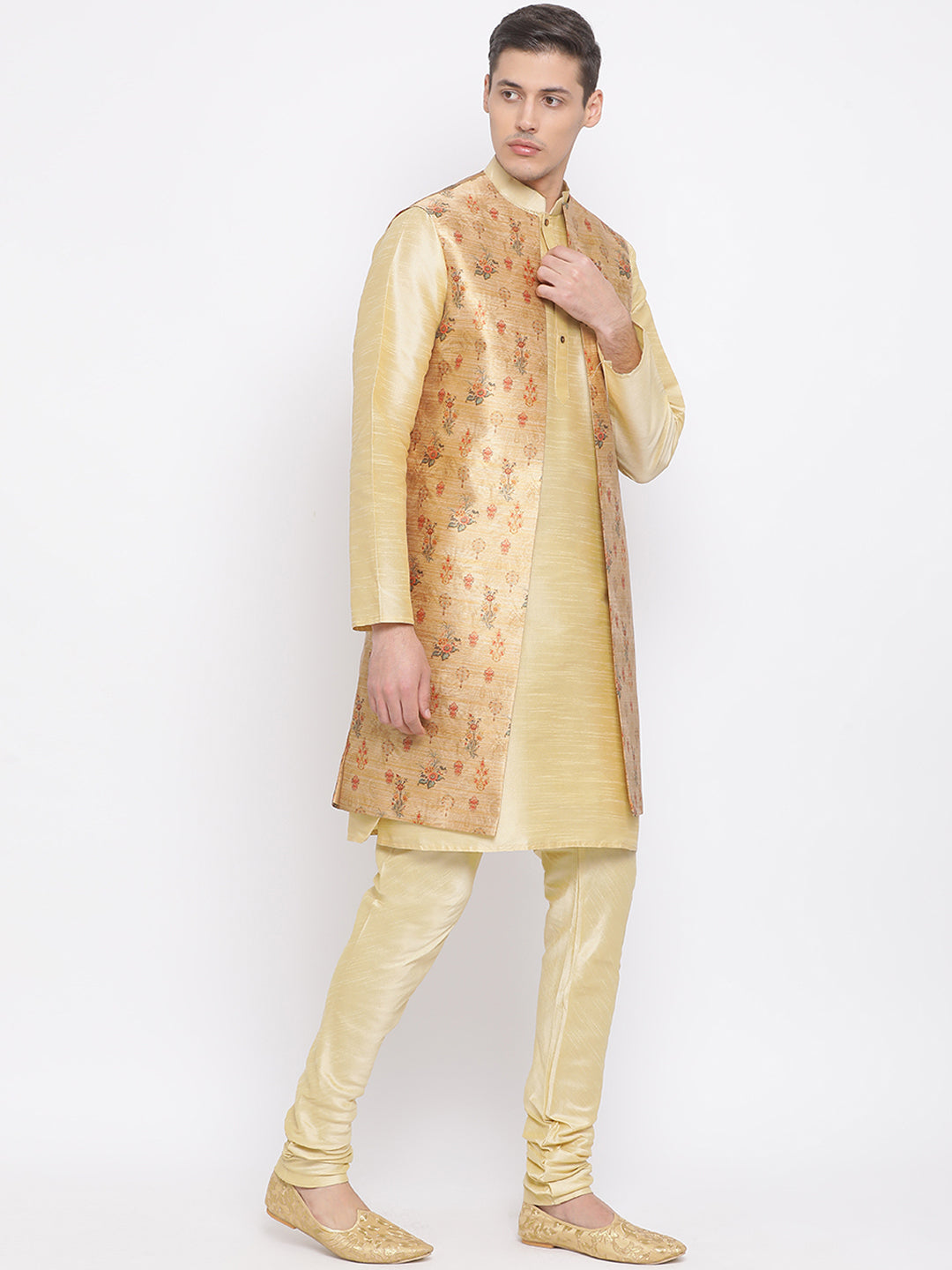 Sarvati Men's Golden Silk Blend Jacket, Kurta and Pyjama Set