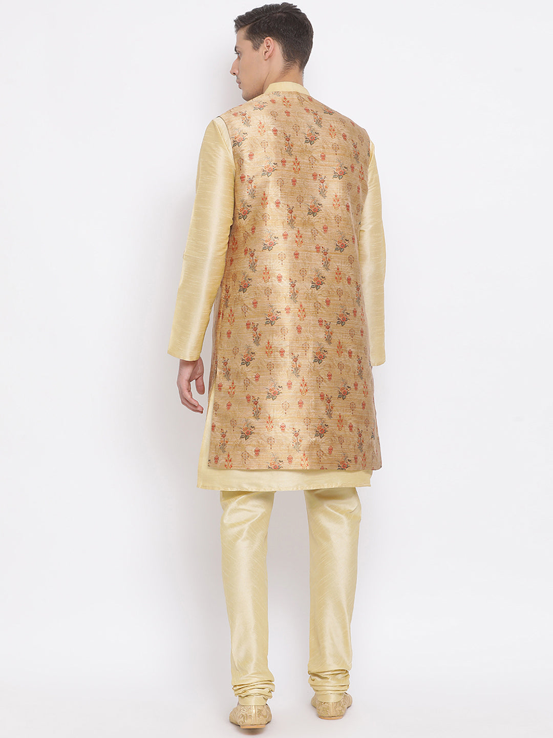 Sarvati Men's Golden Silk Blend Jacket, Kurta and Pyjama Set