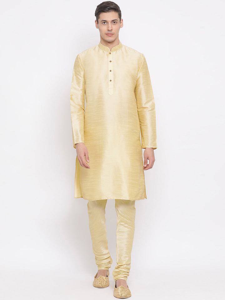 Sarvati Men's Golden Silk Blend Jacket, Kurta and Pyjama Set