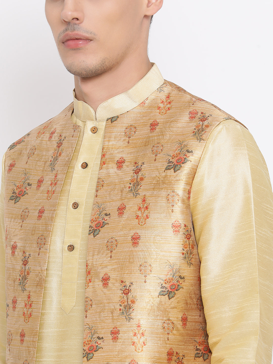 Sarvati Men's Golden Silk Blend Jacket, Kurta and Pyjama Set