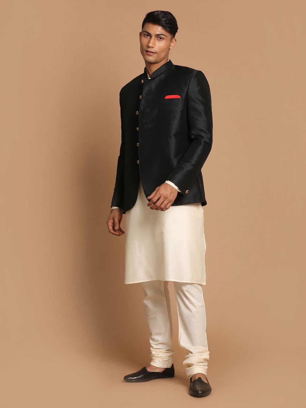 Sarvati  Men's Black Silk Blend Jodhpuri With Cream Viscose Rayon Kurta Pyjama Set