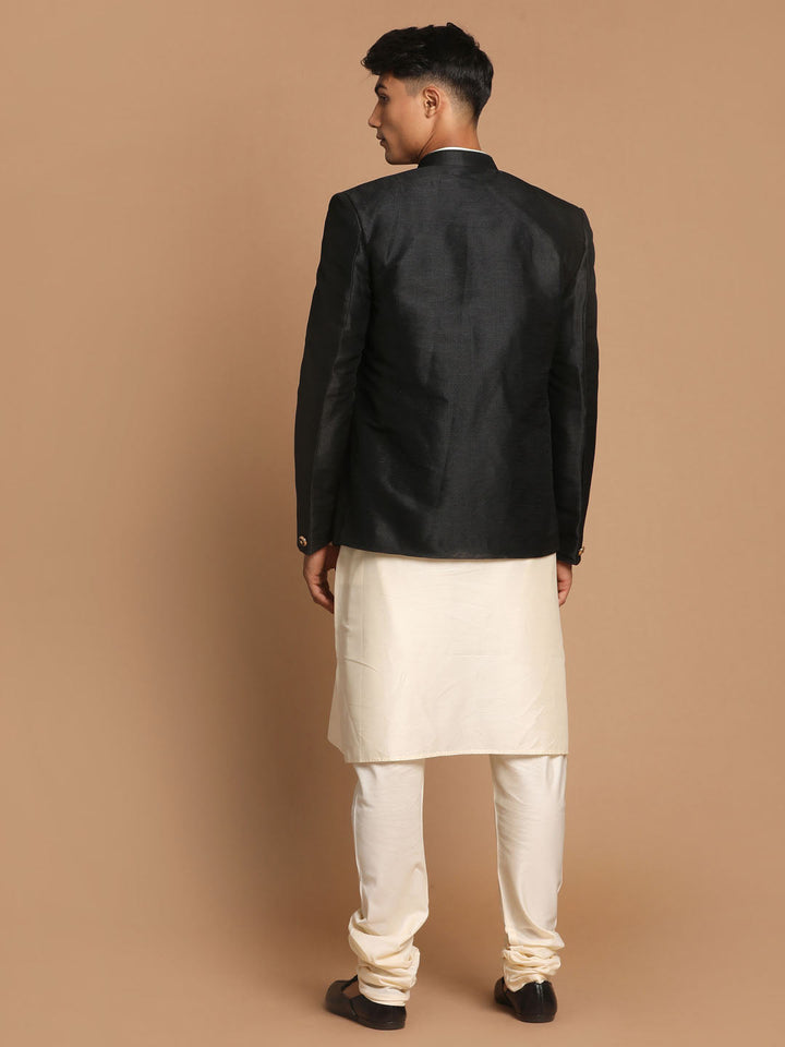 Sarvati  Men's Black Silk Blend Jodhpuri With Cream Viscose Rayon Kurta Pyjama Set